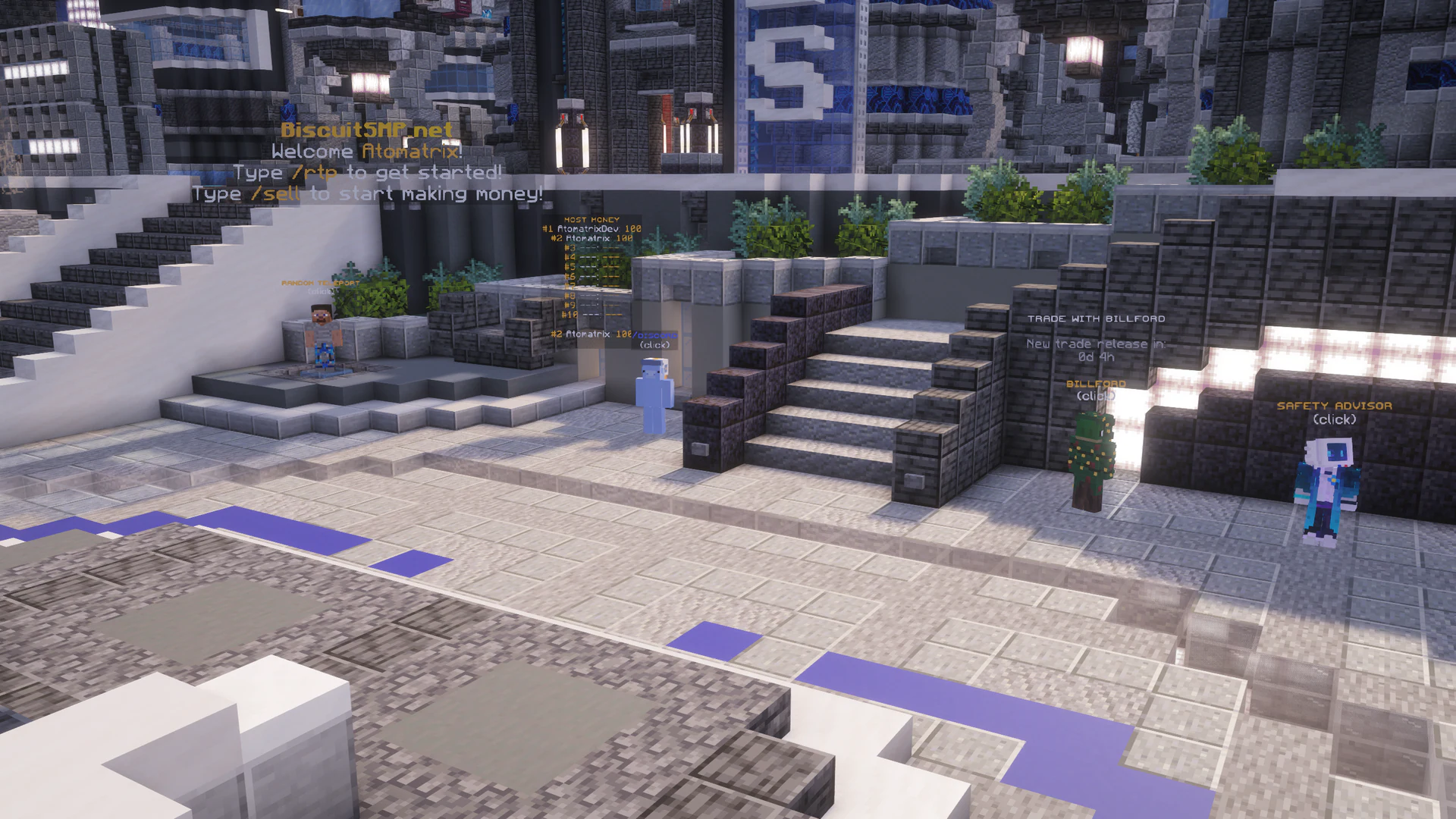 BiscuitSMP spawn plaza with the welcome hologram and NPCs