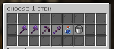 BiscuitSMP crate reward selection with enchanted tools, a potion and a bucket