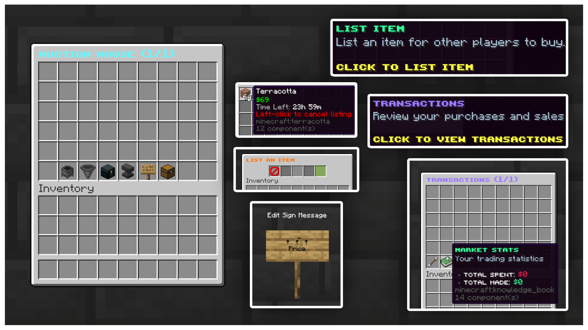 Auction House with item listings, transaction history, marketplace statistics and sign search