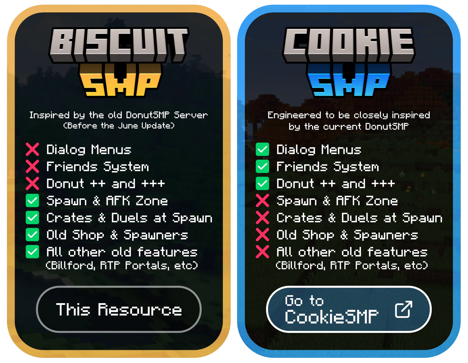 BiscuitSMP and CookieSMP comparison of menus, friends, spawn features and other gameplay features