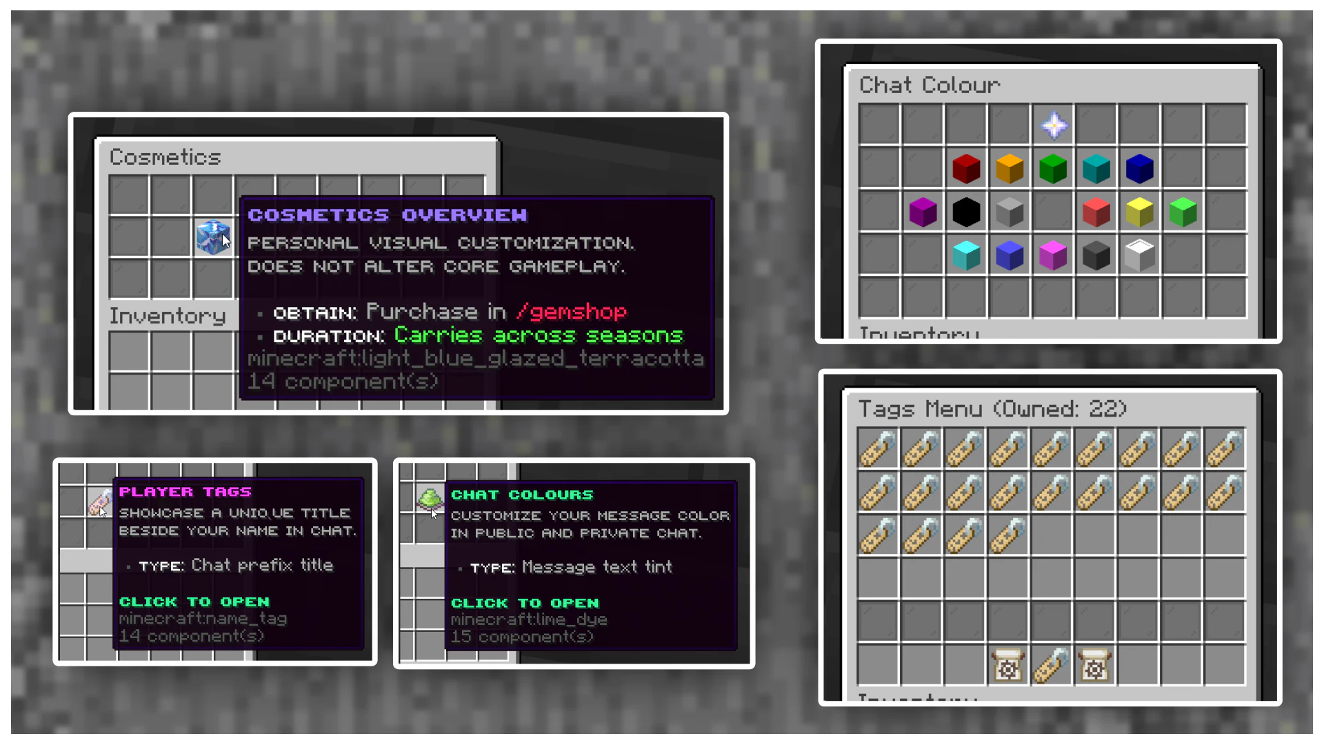 Cosmetics menu with selectable chat colours and player tags