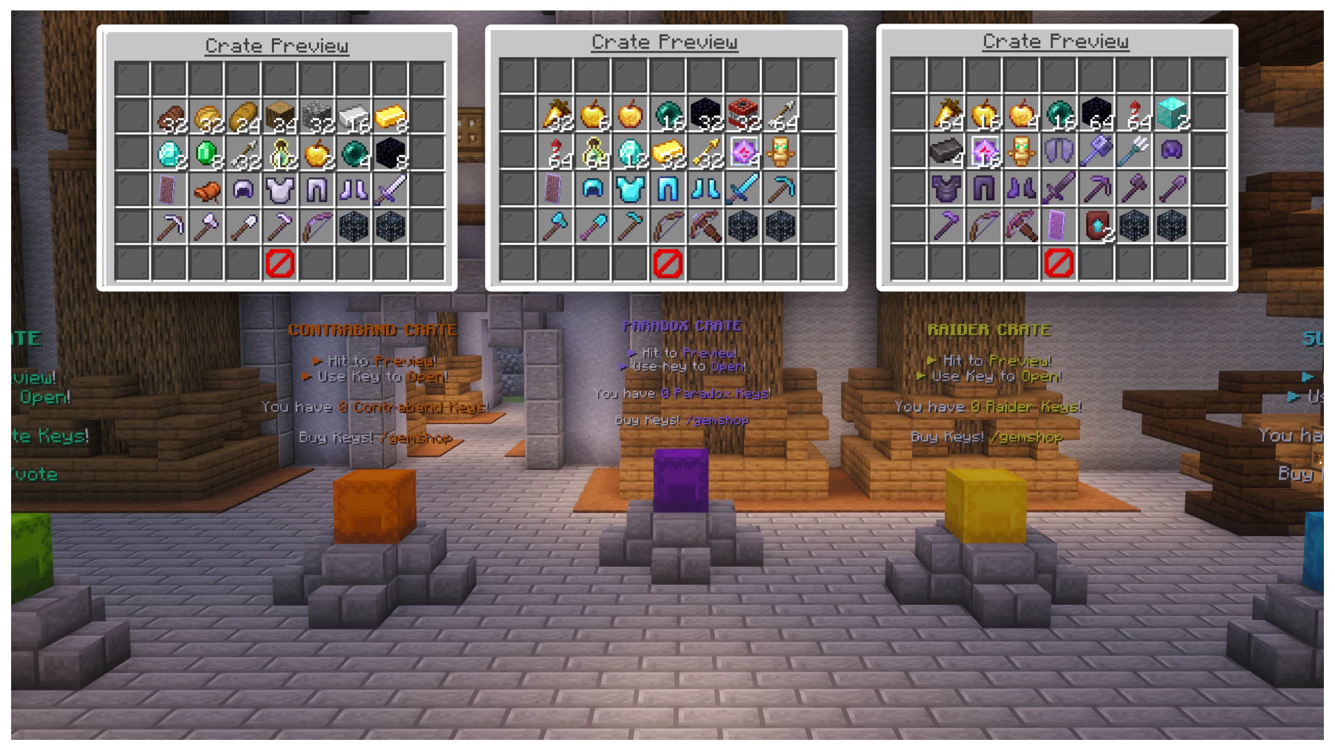 Crate preview inventories showing possible rewards above the spawn crates