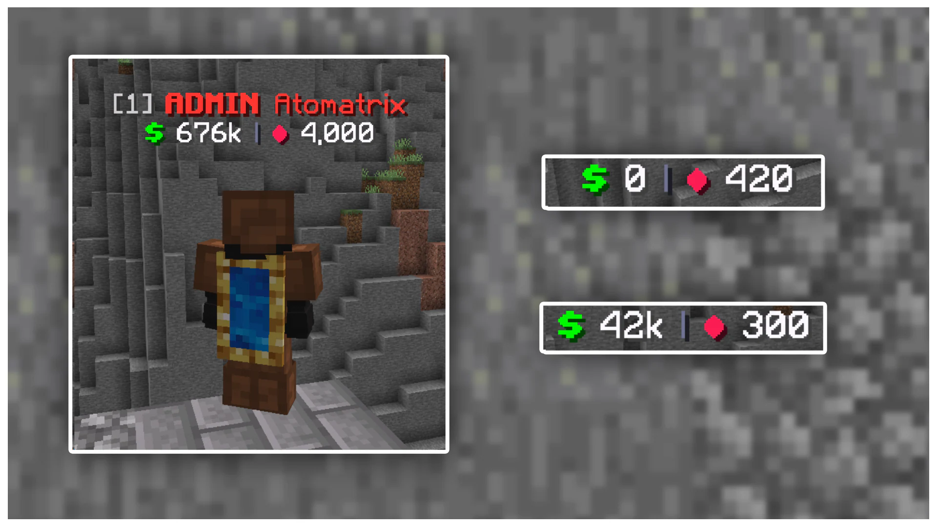 Player nametag showing rank, account level, money and Gems