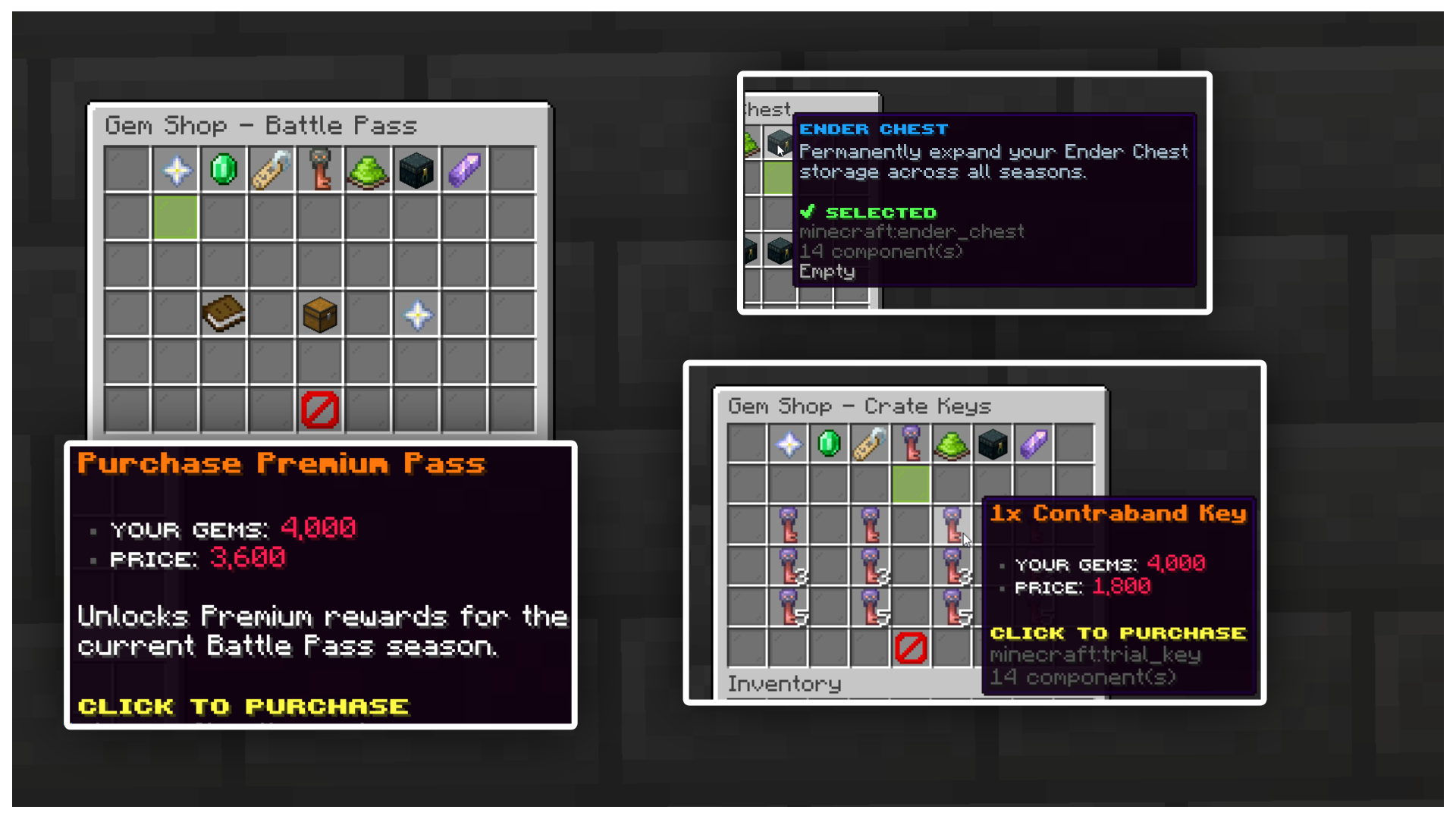 Gem Shop menus for the premium Battle Pass, Ender Chest upgrades and crate keys