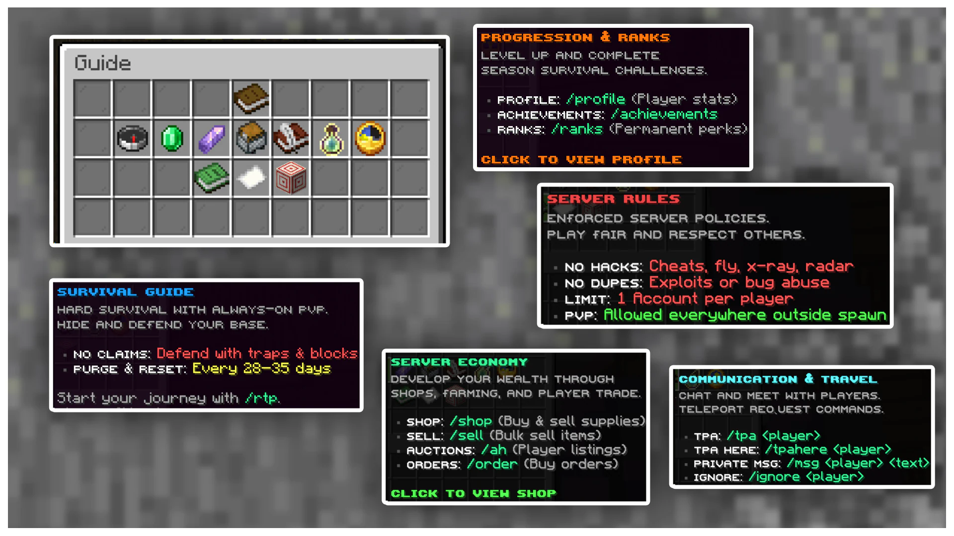 Guide menu with server rules, progression, economy and travel information