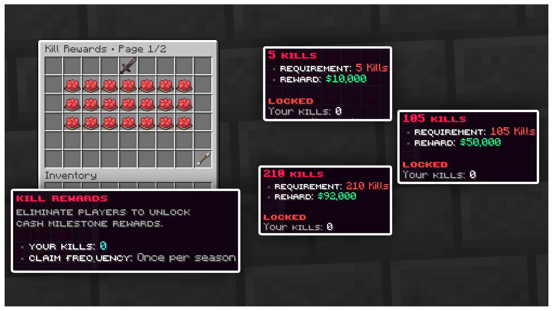 Kill Rewards menu showing player-kill milestones and cash rewards