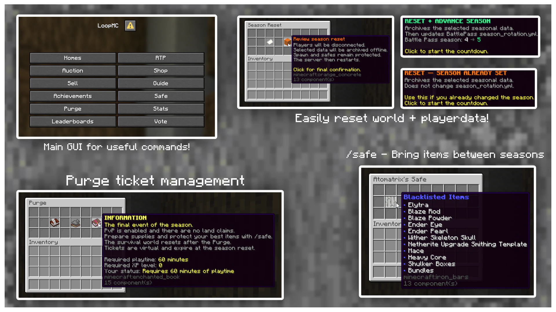 LoopCore main menu, seasonal reset controls, Purge ticket and safe storage between seasons