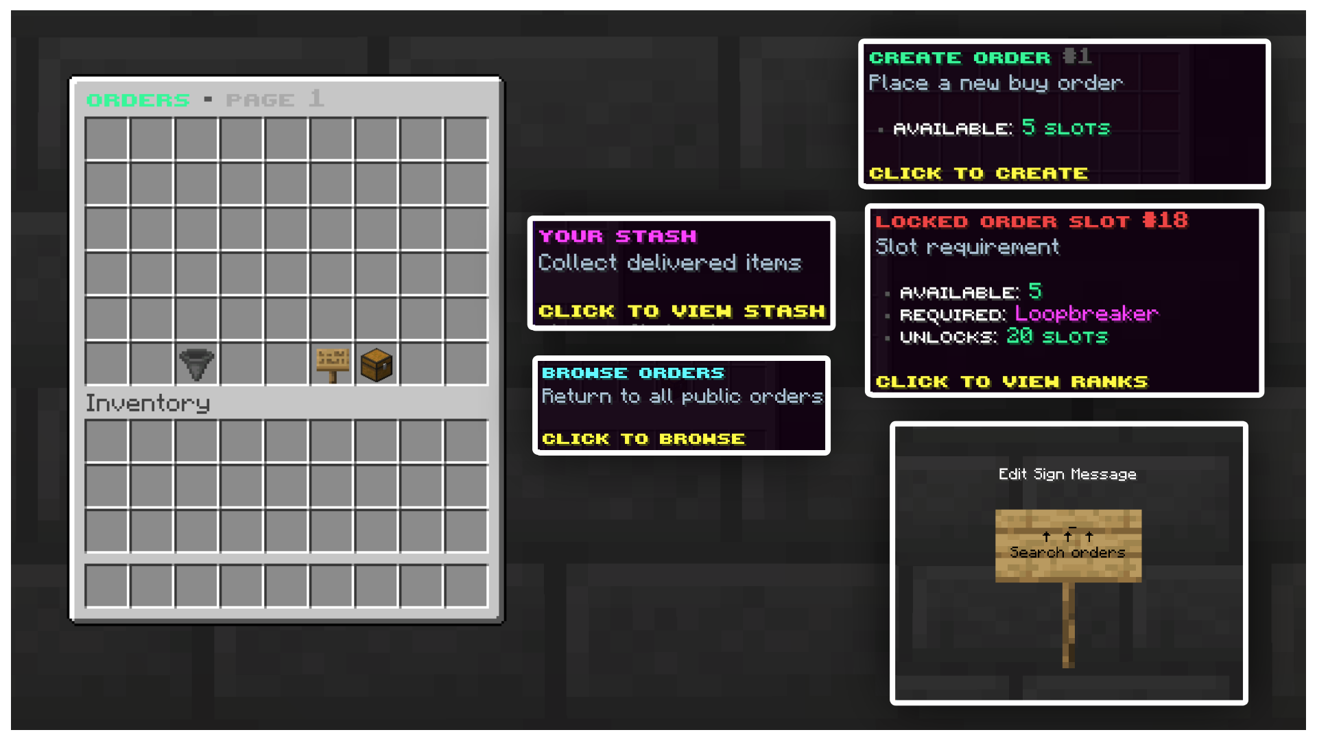 Orders menu with buy-order creation, delivery stash, locked slots and sign search