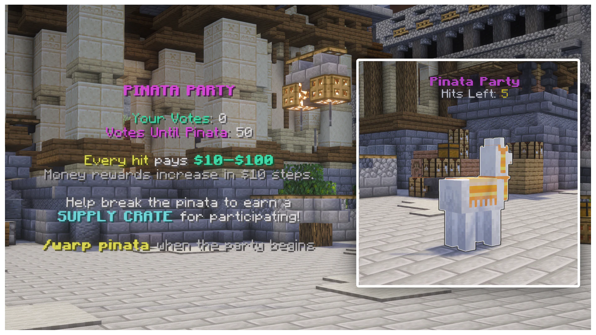 Pinata Party event instructions, vote progress and a pinata ticket item