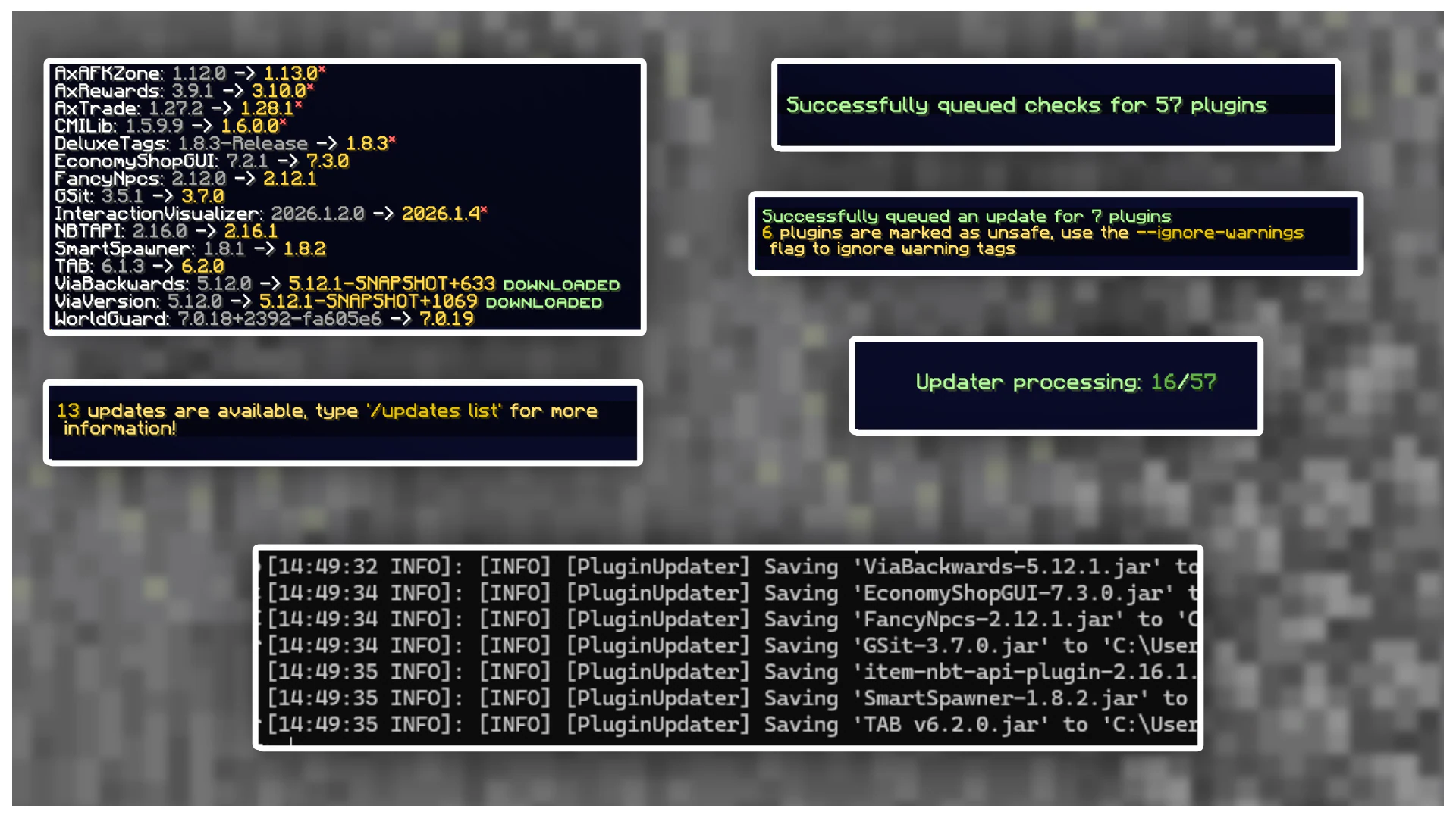Plugin updater messages showing available updates, queued checks and downloaded plugin files