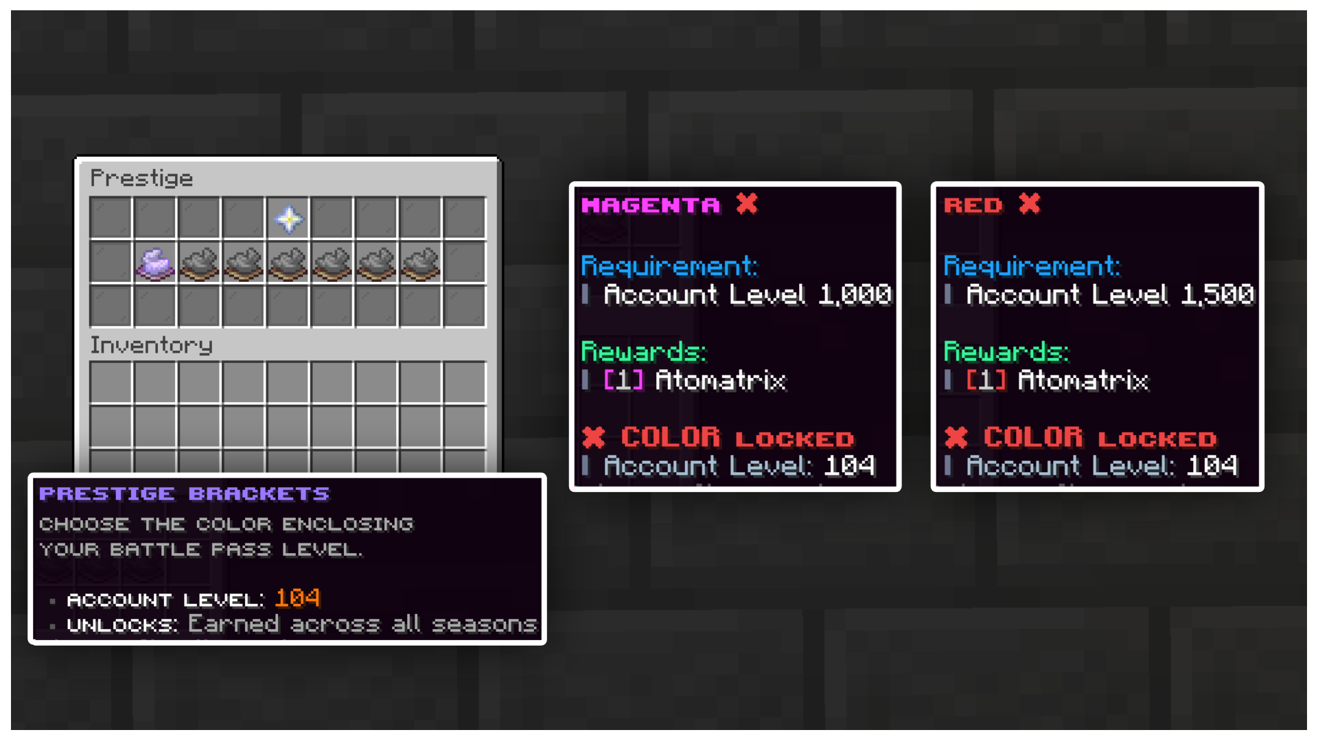 Prestige menu showing account-level requirements for coloured name brackets
