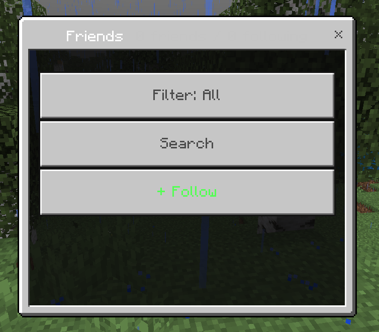 Bedrock Edition Friends form with filter, search and Follow buttons