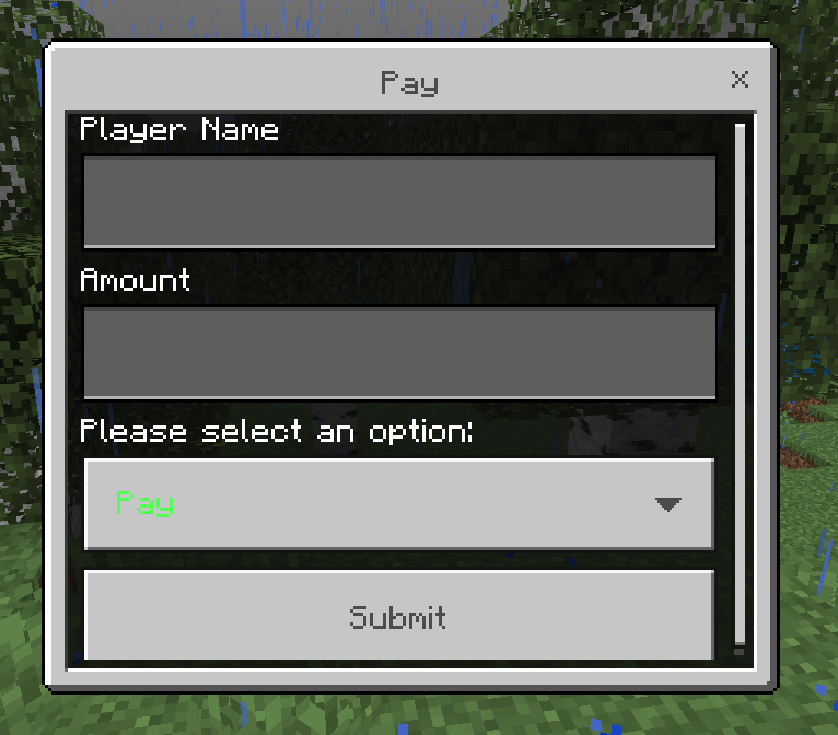 Bedrock Edition Pay form with player name, amount and action fields