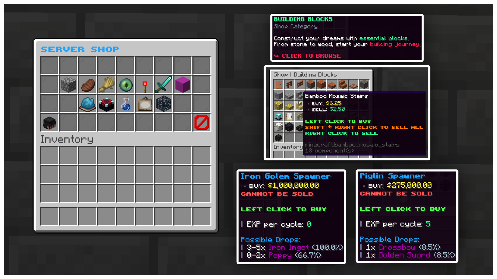 Server shop categories, buy and sell prices, and purchasable mob spawners