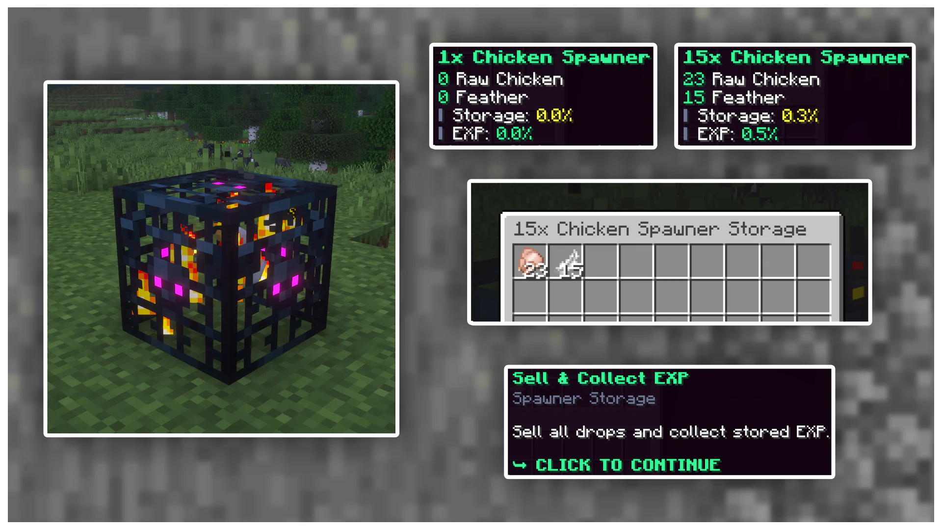 Stacked chicken spawner with drop storage, experience and sell controls