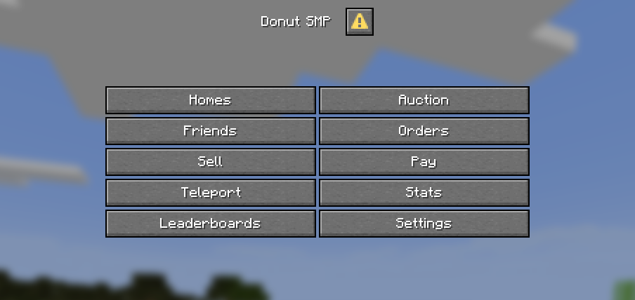 CookieSMP dialog menu with homes, friends, auction, orders, teleport, statistics and settings